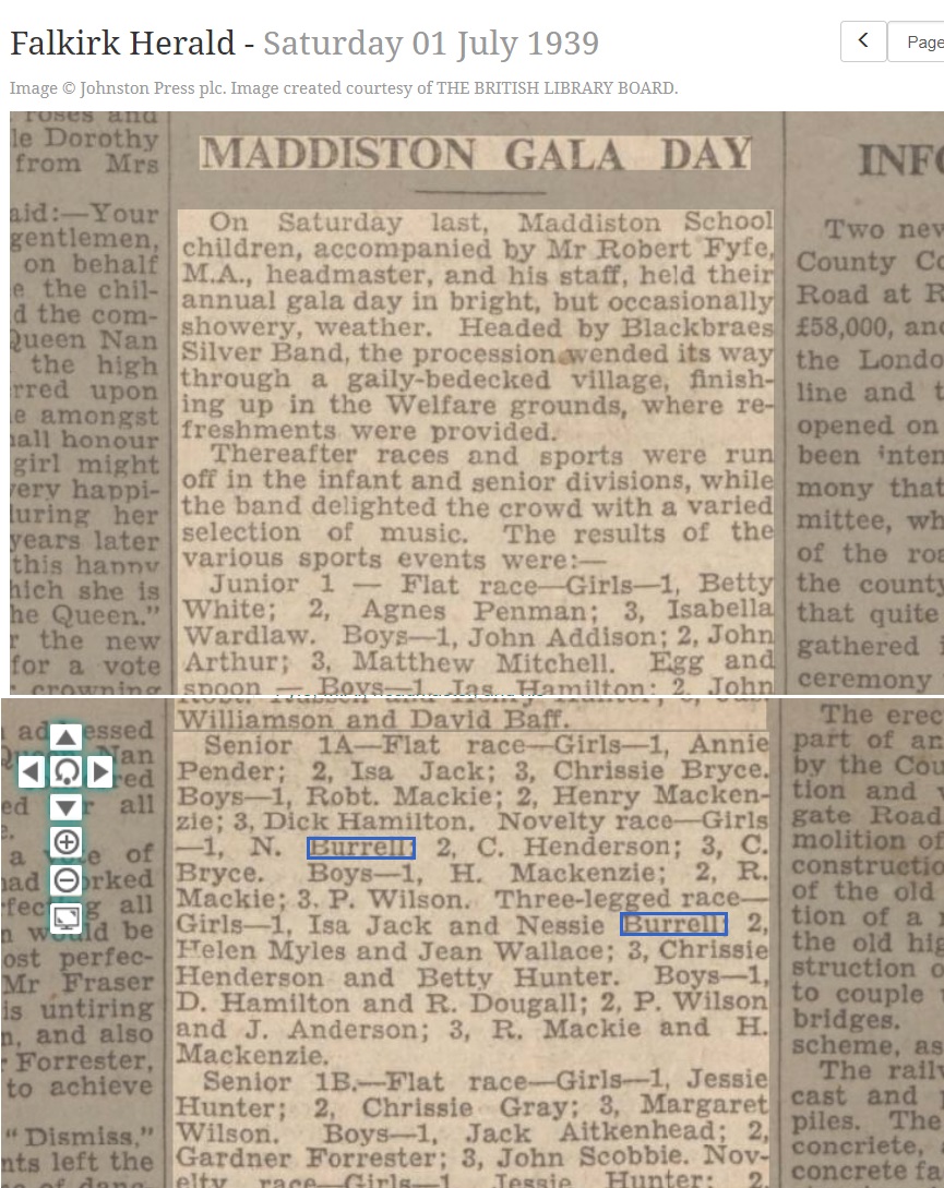 Agnes Burrell 1939 Maddiston Gala Day, July 1, 1939, Linked To: <a href='profiles/i452.html' >Agnes (Nessie) Cowan Burrell *</a>